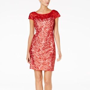 Calvin Klein Red and Nude Size 2 Sequin Sheath Cocktail Dress